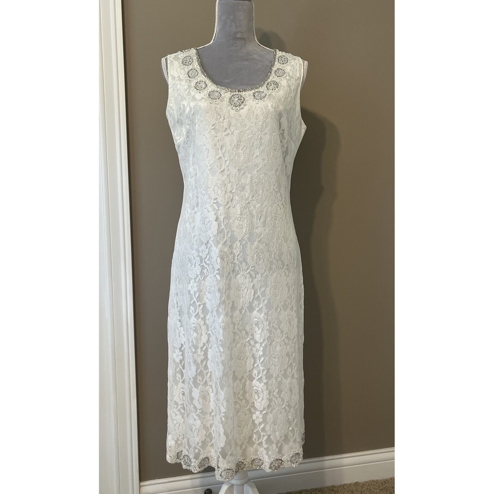 Ashro White Lace Sleeveless Sz 10 Midi Dress Beaded Neck Hem Wedding‎ Romantic
